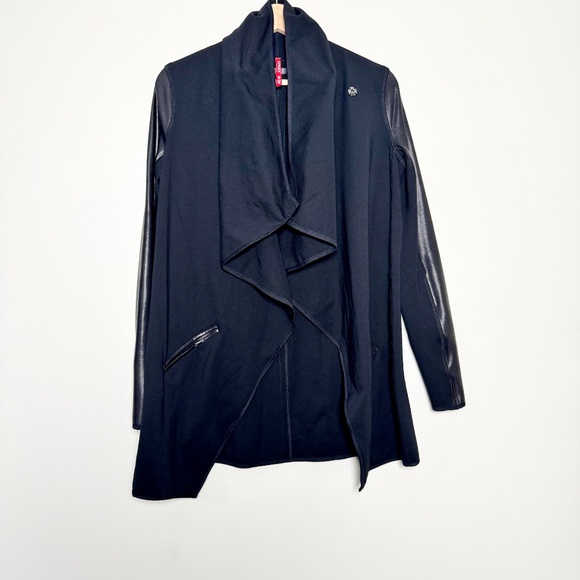SPANX Drape Front Black Vegan Leather Jacket Sz XS - Picture 3 of 11